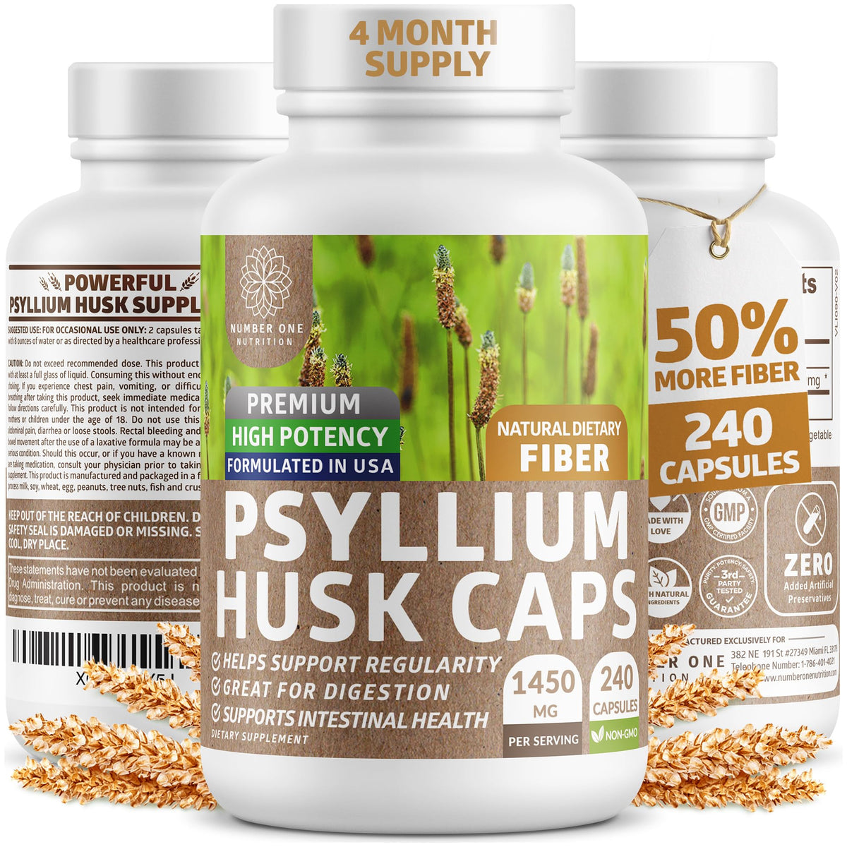 N1N Premium Psyllium Husk Capsules bottle with 240 capsules