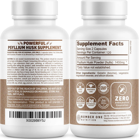 Psyllium husk capsules close-up showing 1450 mg fiber per serving