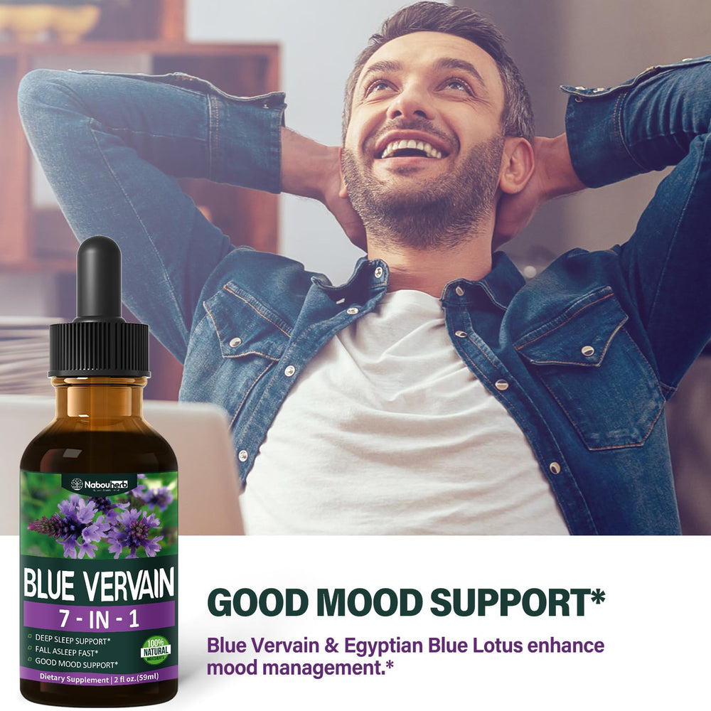 Close-up of bottle label highlighting Blue Vervain and the 7-in-1 formula