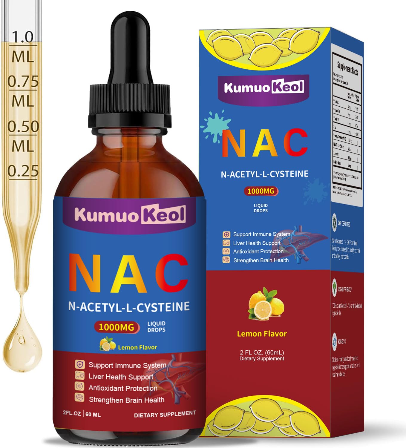 Bottle of NAC 1000mg drops with lemon flavor