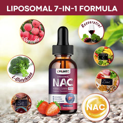 Graphic showing NAC 600mg per serving with glutathione, resveratrol, quercetin, zinc, vitamin C and selenium