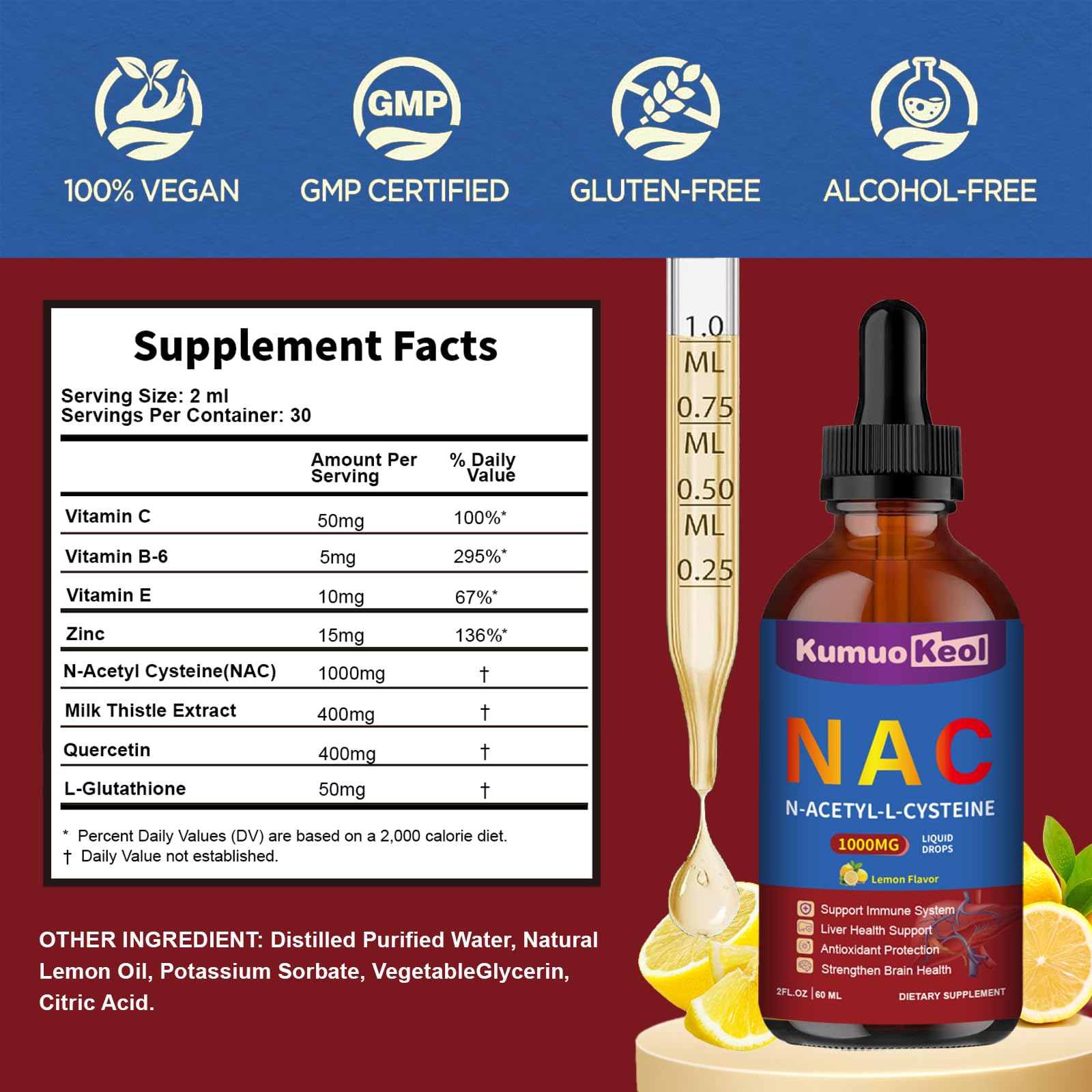 Ingredients: NAC 1000mg with quercetin, zinc, vitamin C and selenium