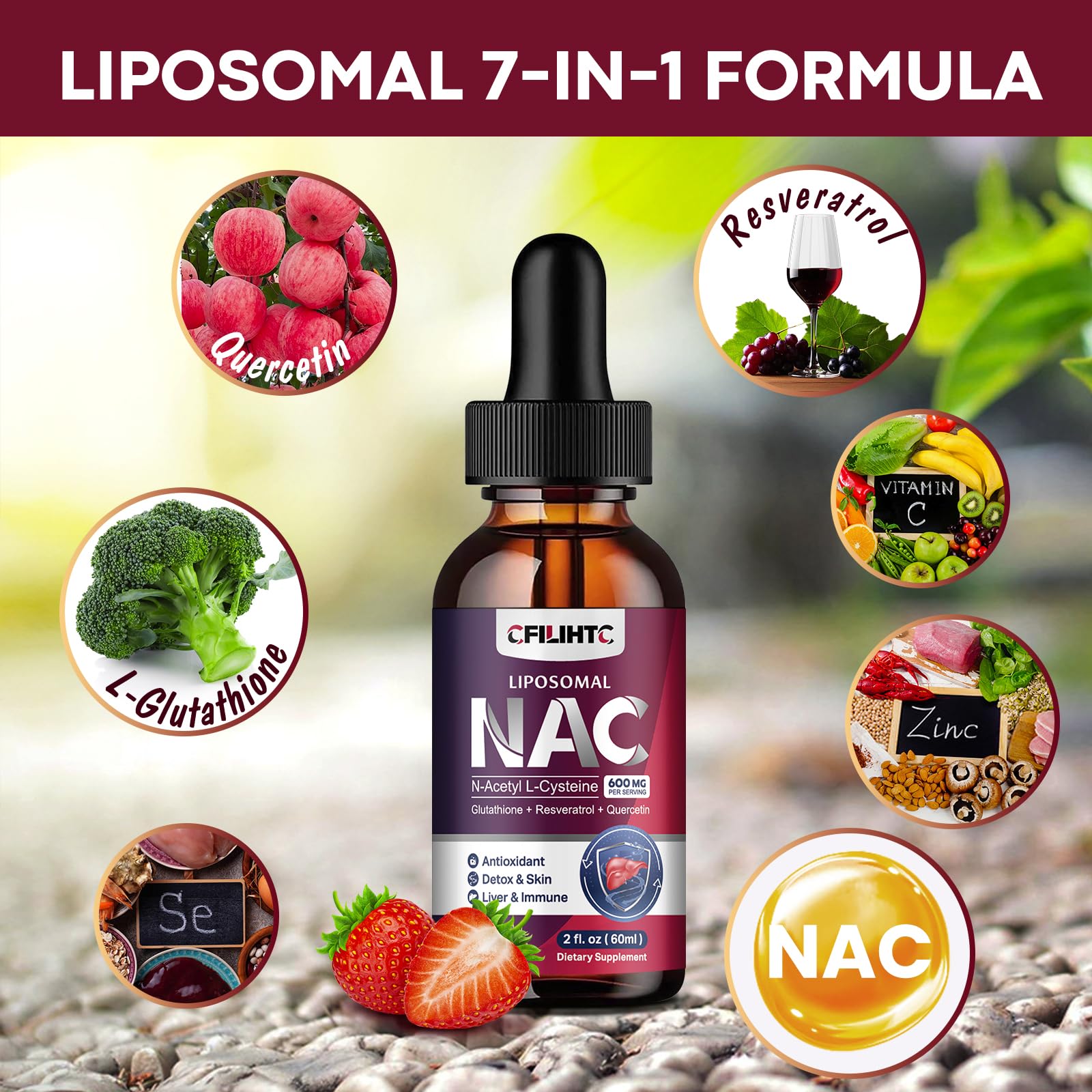 NAC liquid drops with glutathione, resveratrol, and zinc for immune support and detox