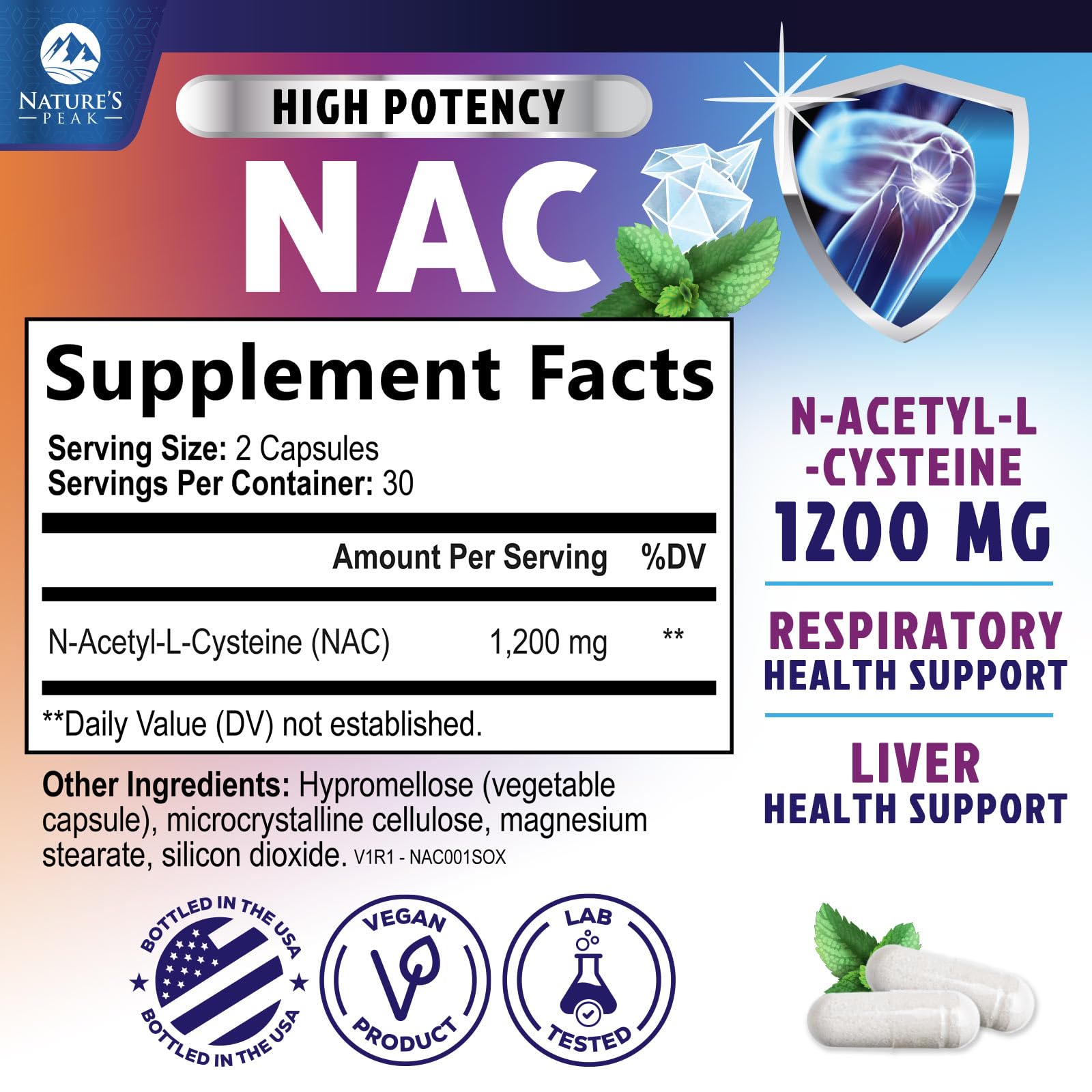 N-acetyl-L-cysteine 1200mg NAC USA 60 capsules image