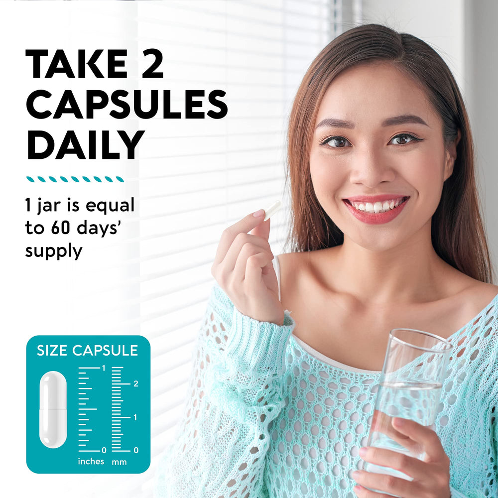 Front of package showing 120 capsules and 2-month supply