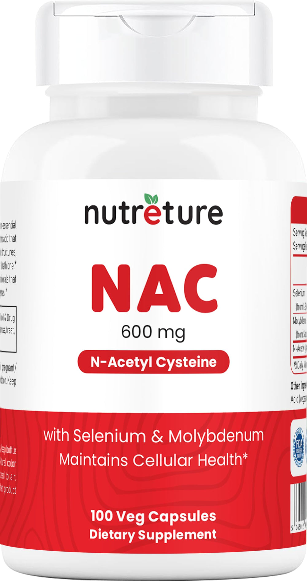 Bottle of NAC supplement with 600 mg capsules
