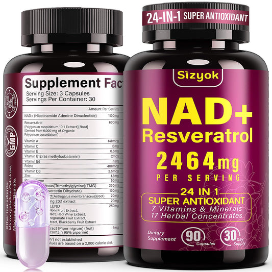 NAD liposomal capsules bottle showing 1100 mg NAD+ and 600 mg Resveratrol