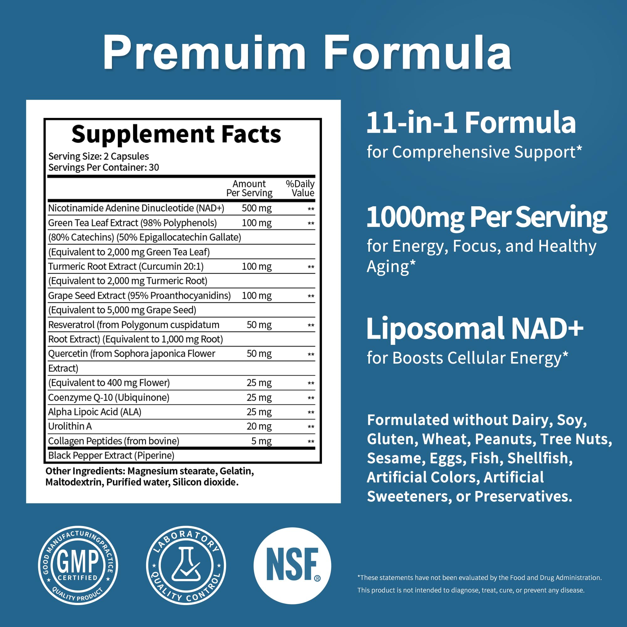 Product label highlighting liposomal NAD+ and key ingredients