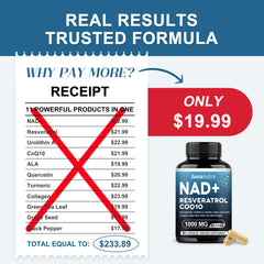 Graphic showing 1,000 mg NAD+ extra strength complex