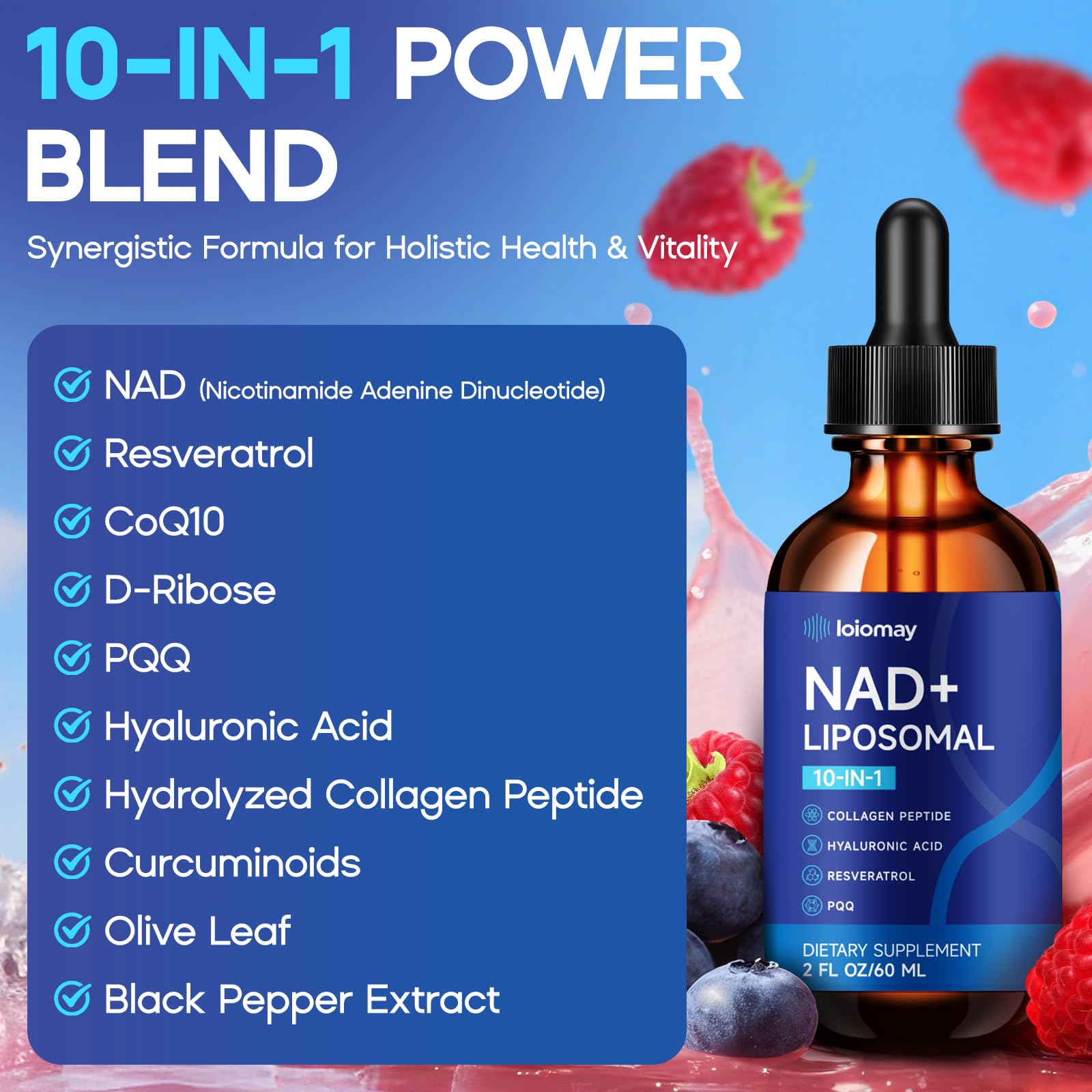 Ingredients: NAD+, NR, resveratrol, PQQ, collagen, curcuminoids