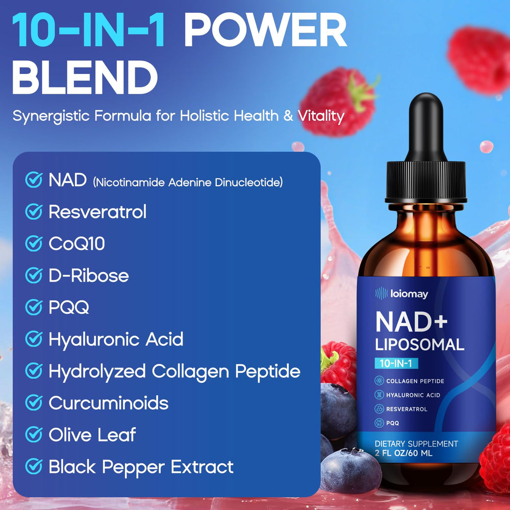 Ingredients: NAD+, NR, resveratrol, PQQ, collagen, curcuminoids