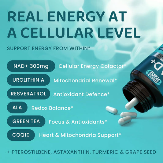 Close-up of label showing 300 mg Direct NAD+ per serving
