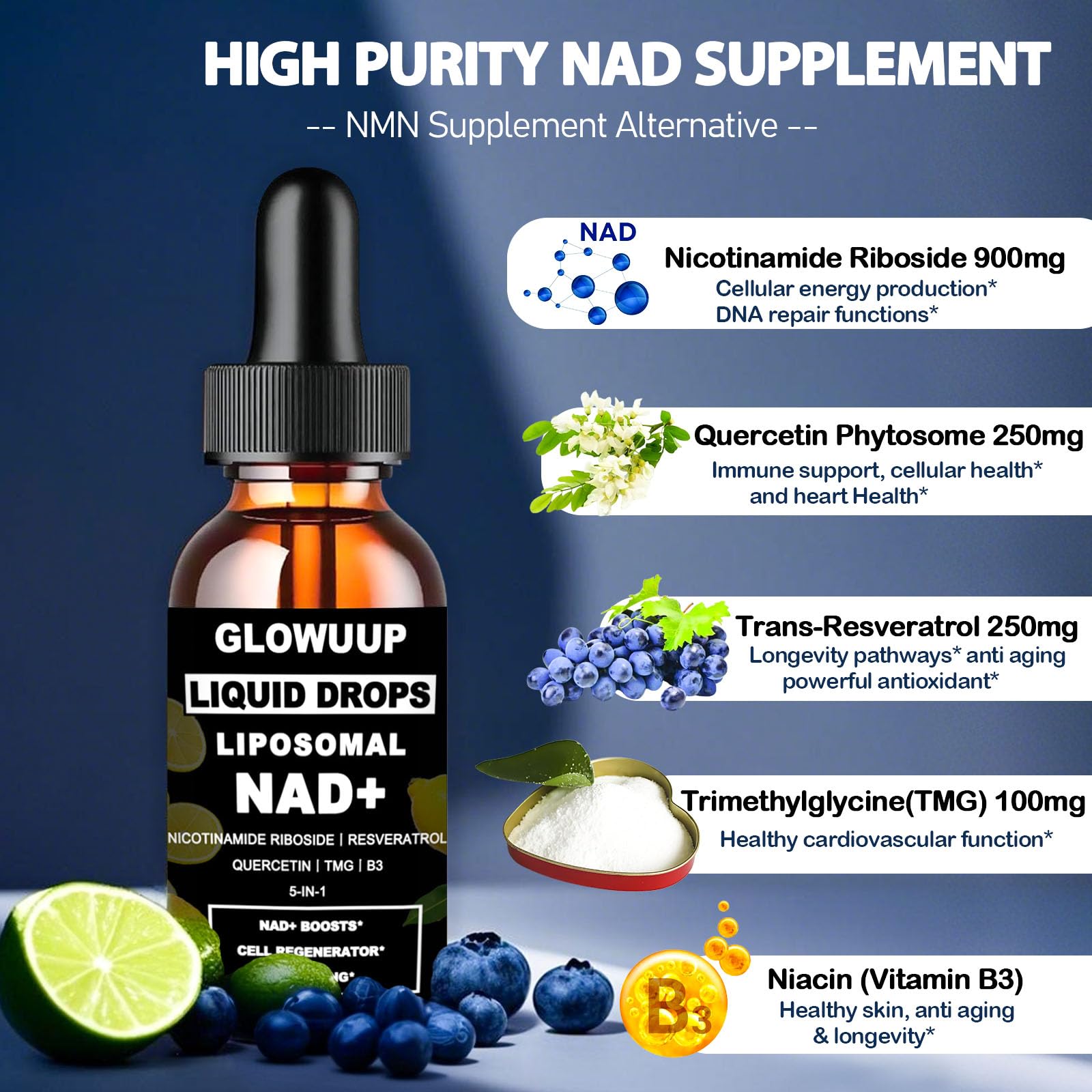 Dropper dispensing a 2 ml serving of NAD+ NR Resveratrol