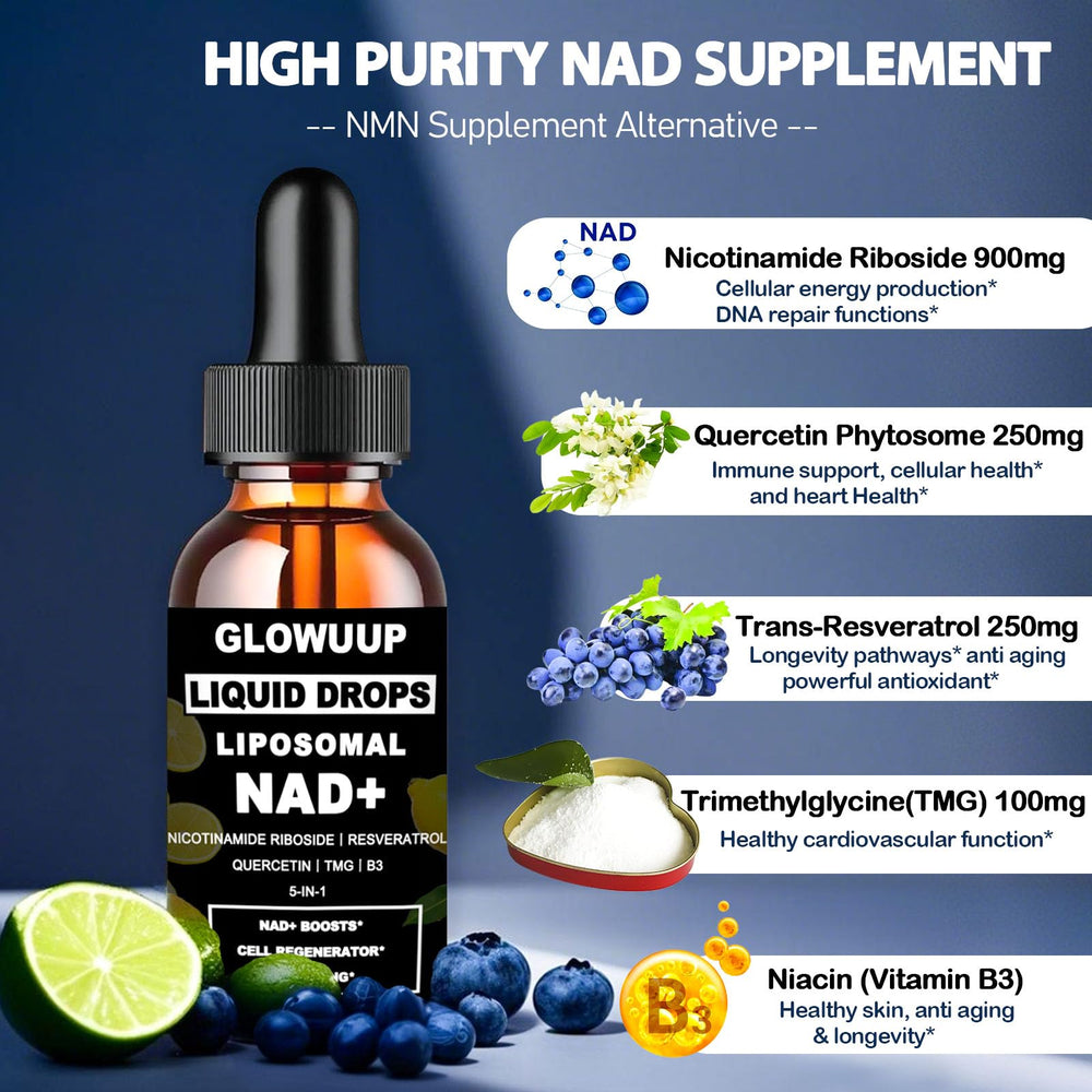 Dropper dispensing a 2 ml serving of NAD+ NR Resveratrol
