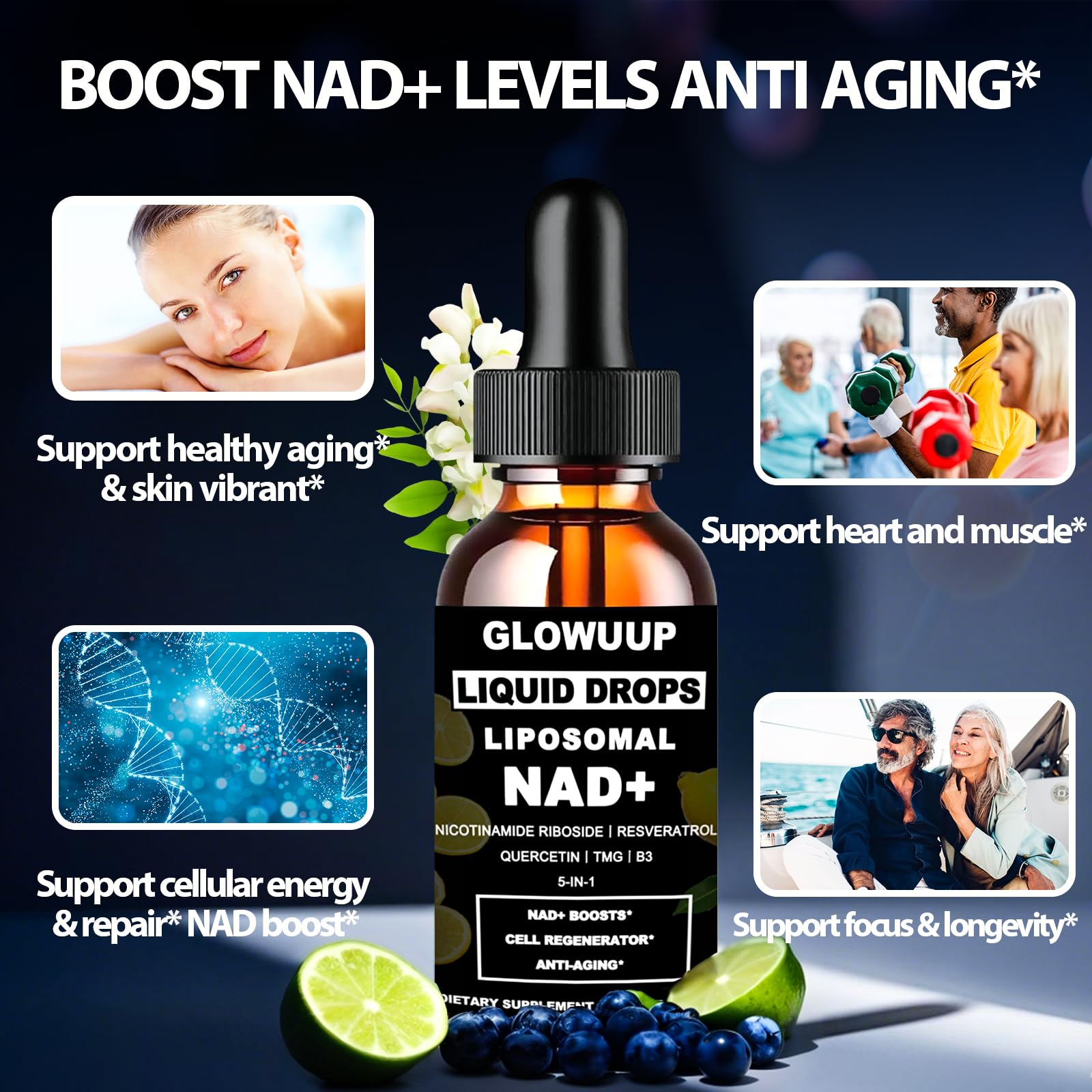 Close-up ingredients: NR, Trans-Resveratrol, Quercetin, TMG, Vitamin B3