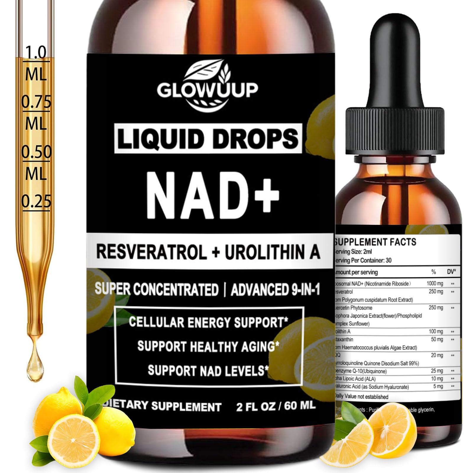 NAD+ liquid drops bottle with Urolithin A label