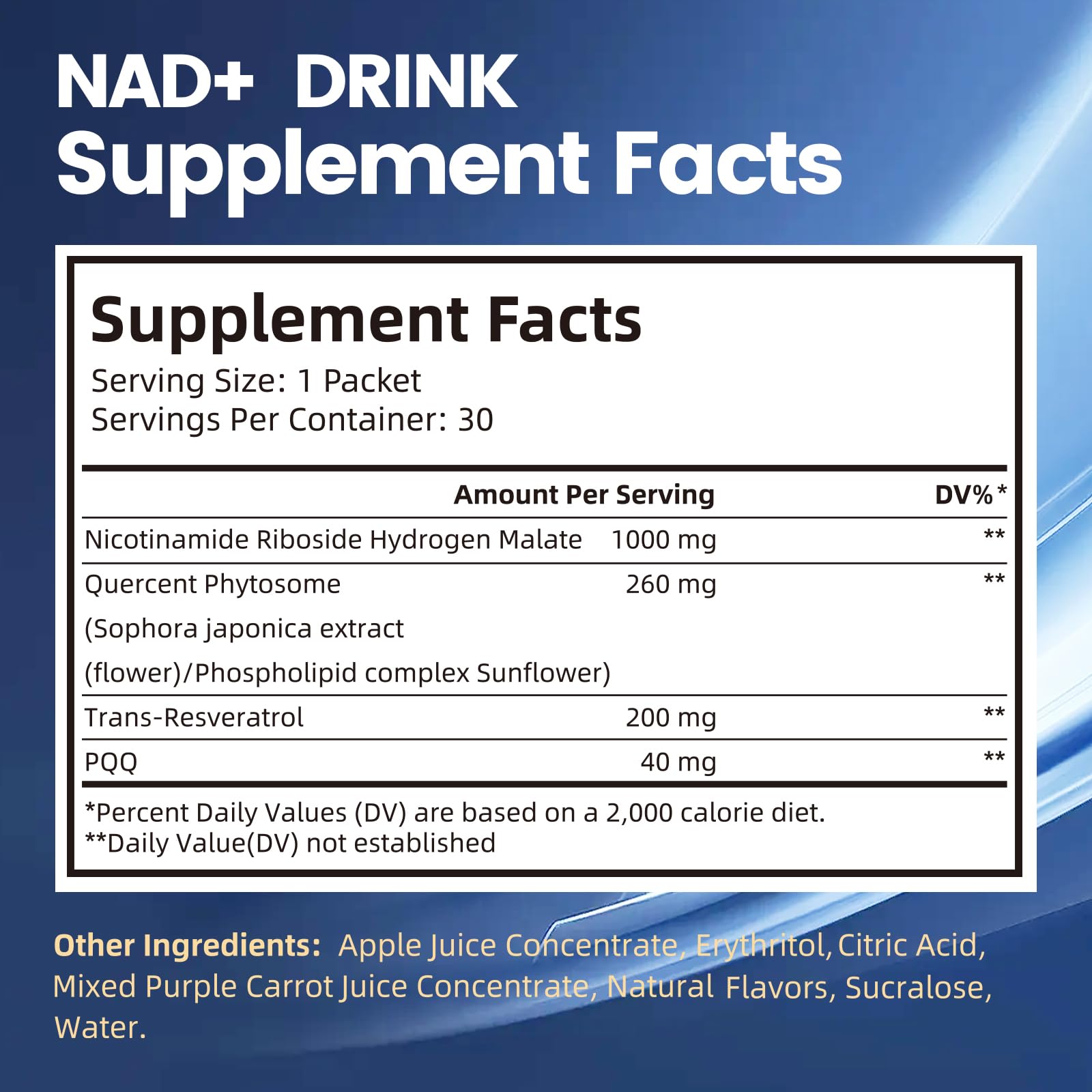 NAD Liquid Supplement 1500mg Berry bottle back with nutrition facts