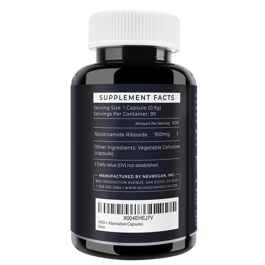 NAD/NADH precursor capsules 900mg label and bottle