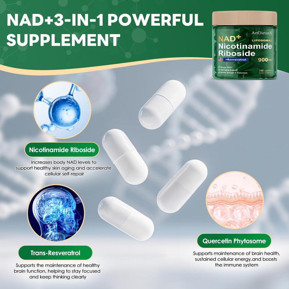 Bottle of NAD+ liposomal NMN capsules for energy and focus