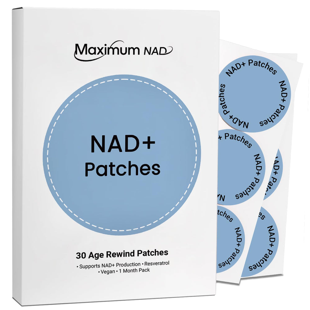 NAD+ patches product packaging and individual patches laid out