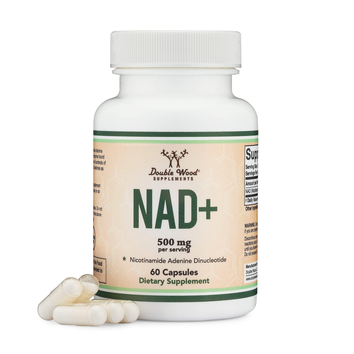 Bottle of NAD+ anti-aging supplement with 500mg per serving