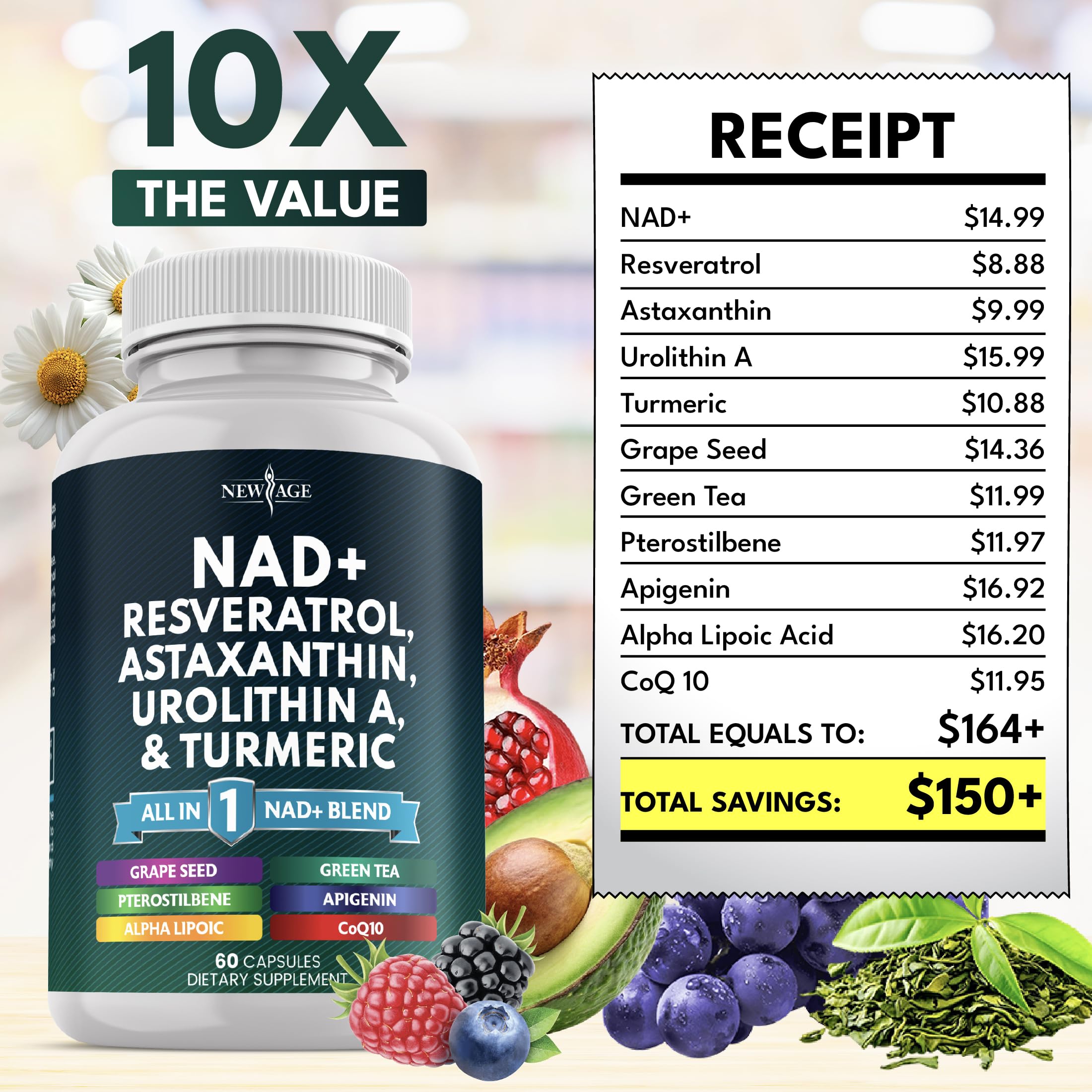 Graphic showing NAD+ with astaxanthin, urolithin A, resveratrol and CoQ10