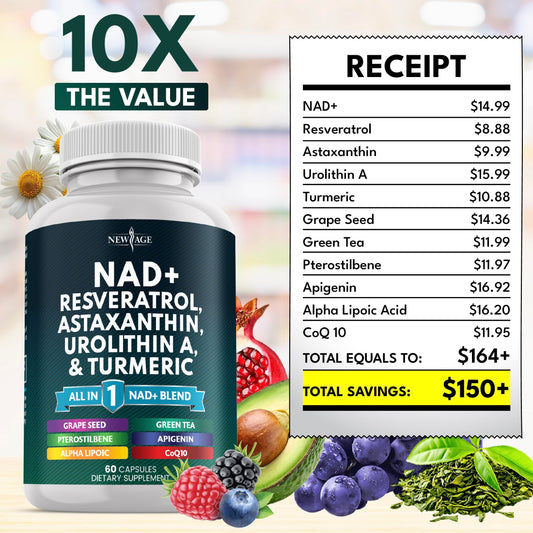 Graphic showing NAD+ with astaxanthin, urolithin A, resveratrol and CoQ10