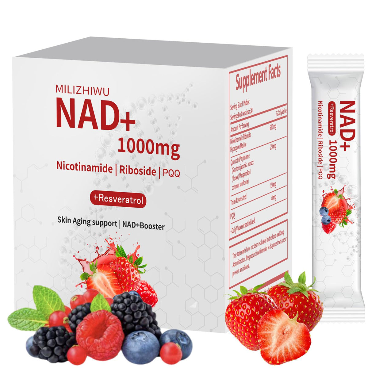 Front view of NAD+ Berry Flavor Drink Mix sachet