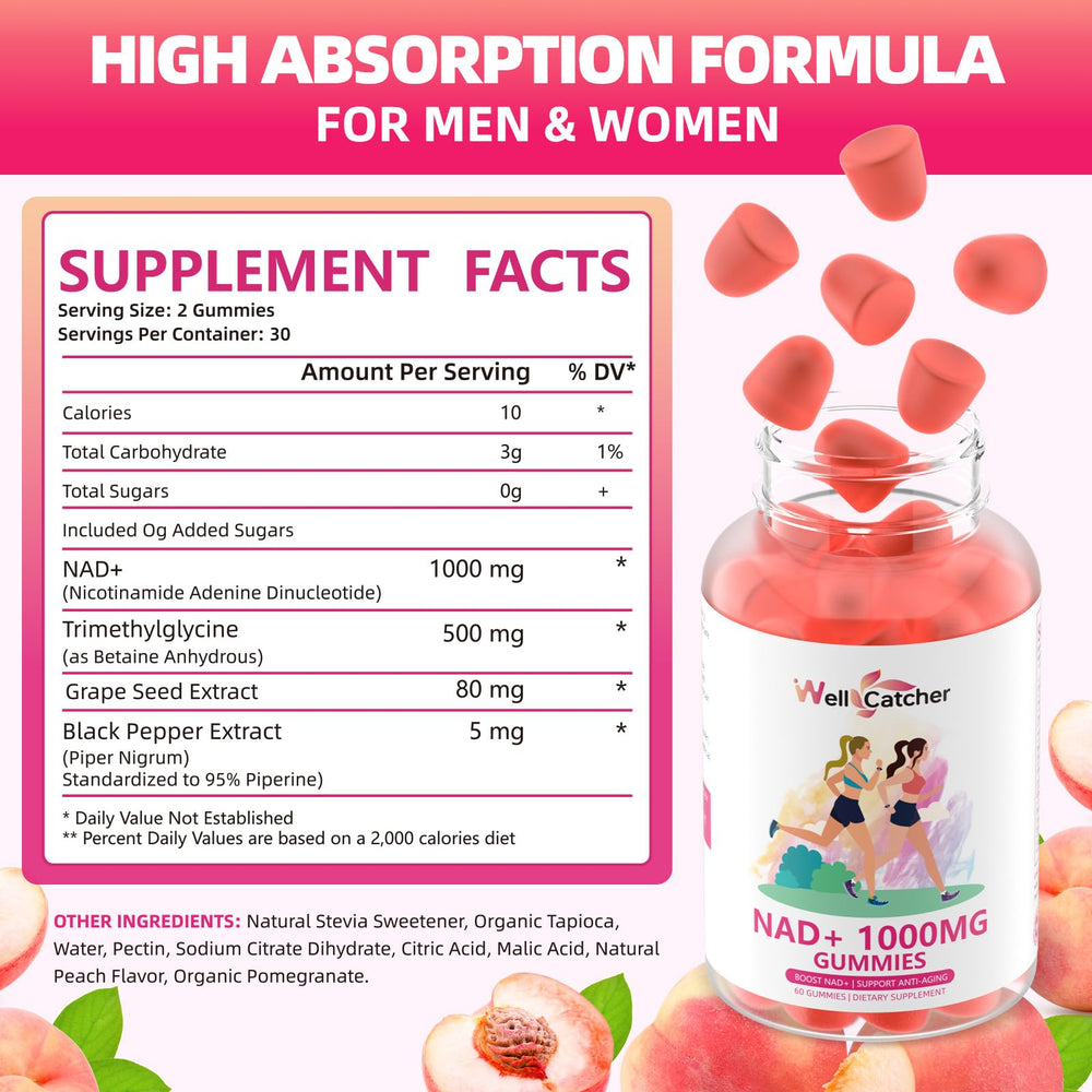 NAD+ Gummies peach flavor – product label close-up