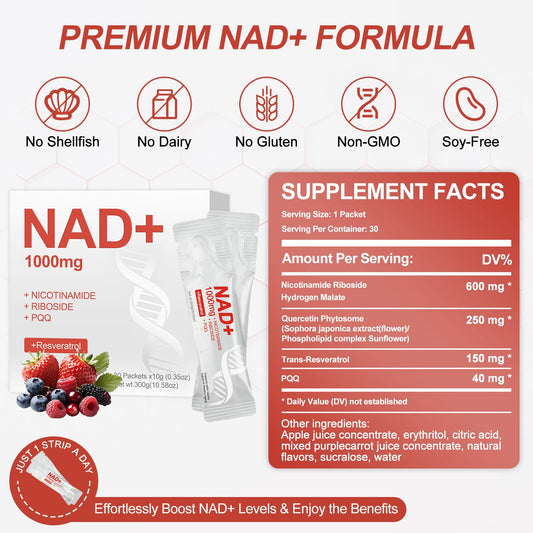 Ingredient panel showing NR, Resveratrol, and PQQ