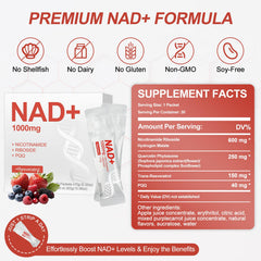Ingredient panel showing NR, Resveratrol, and PQQ