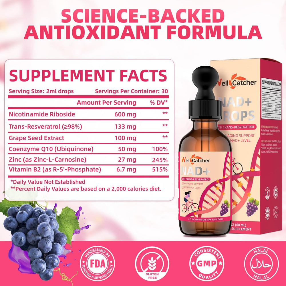 CoQ10 and vitamin B2 included in NAD+ liquid formula