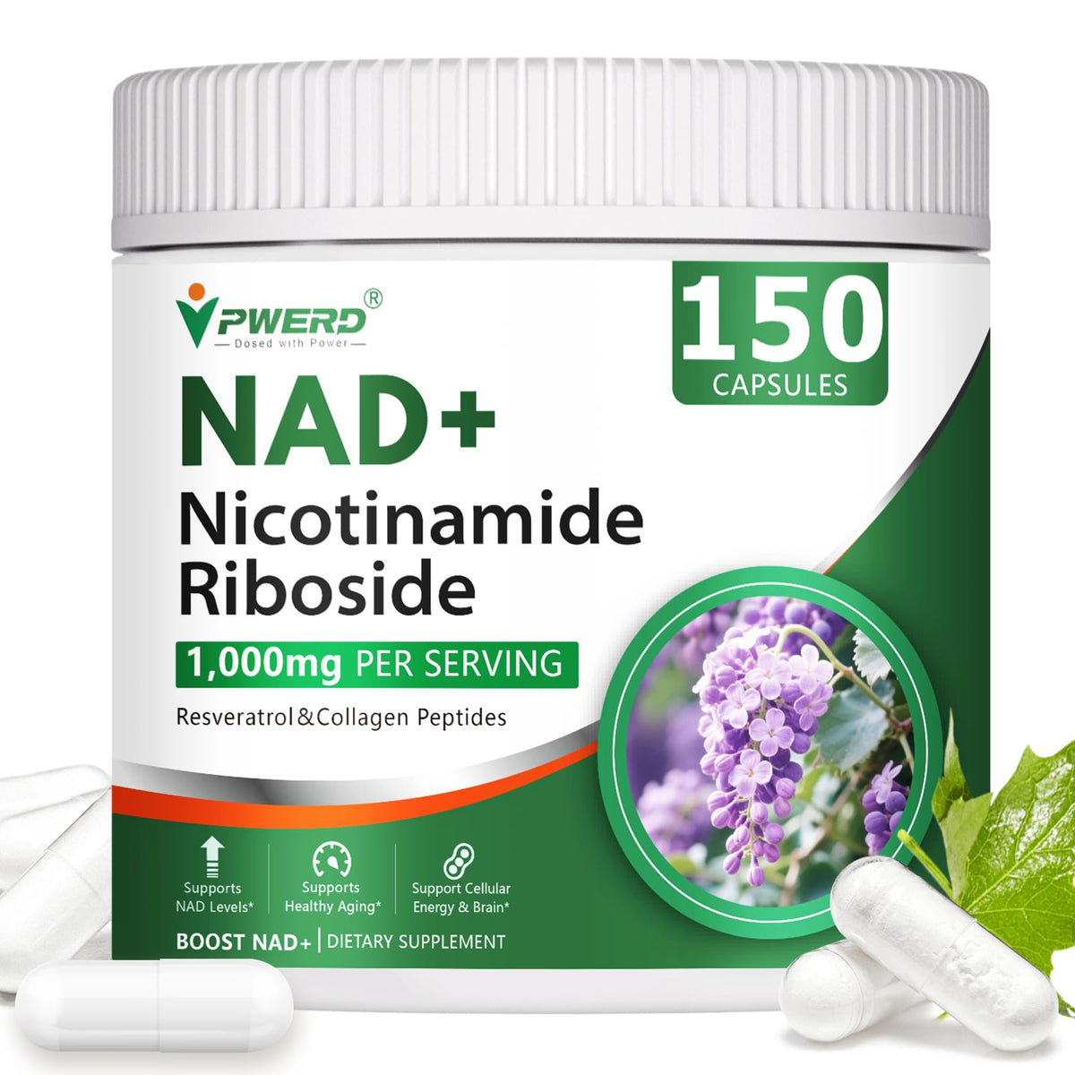 Bottle of NAD+ Trans-Resveratrol 150 capsules