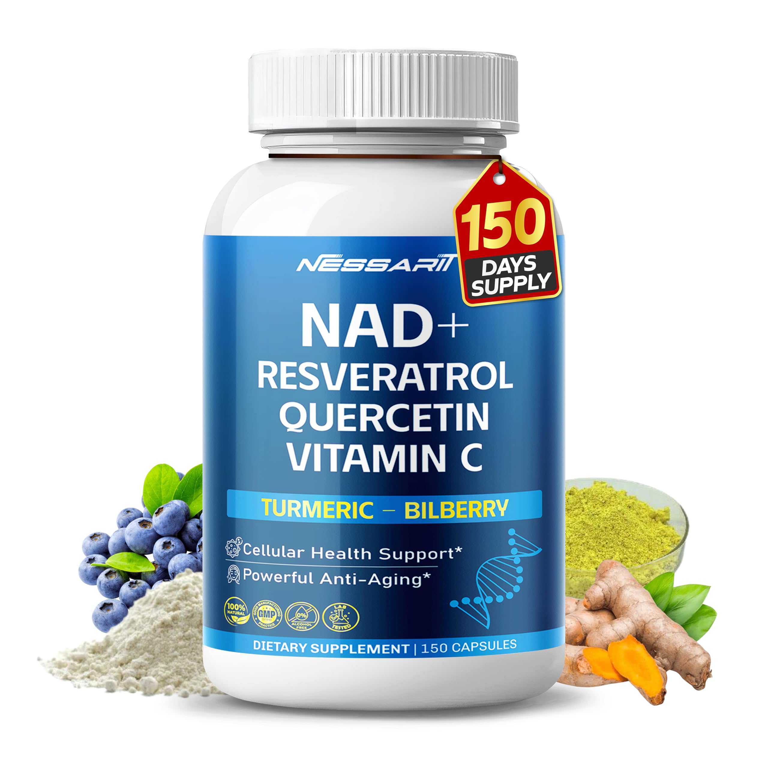 NAD+ Resveratrol 150-count supplement bottle packaging