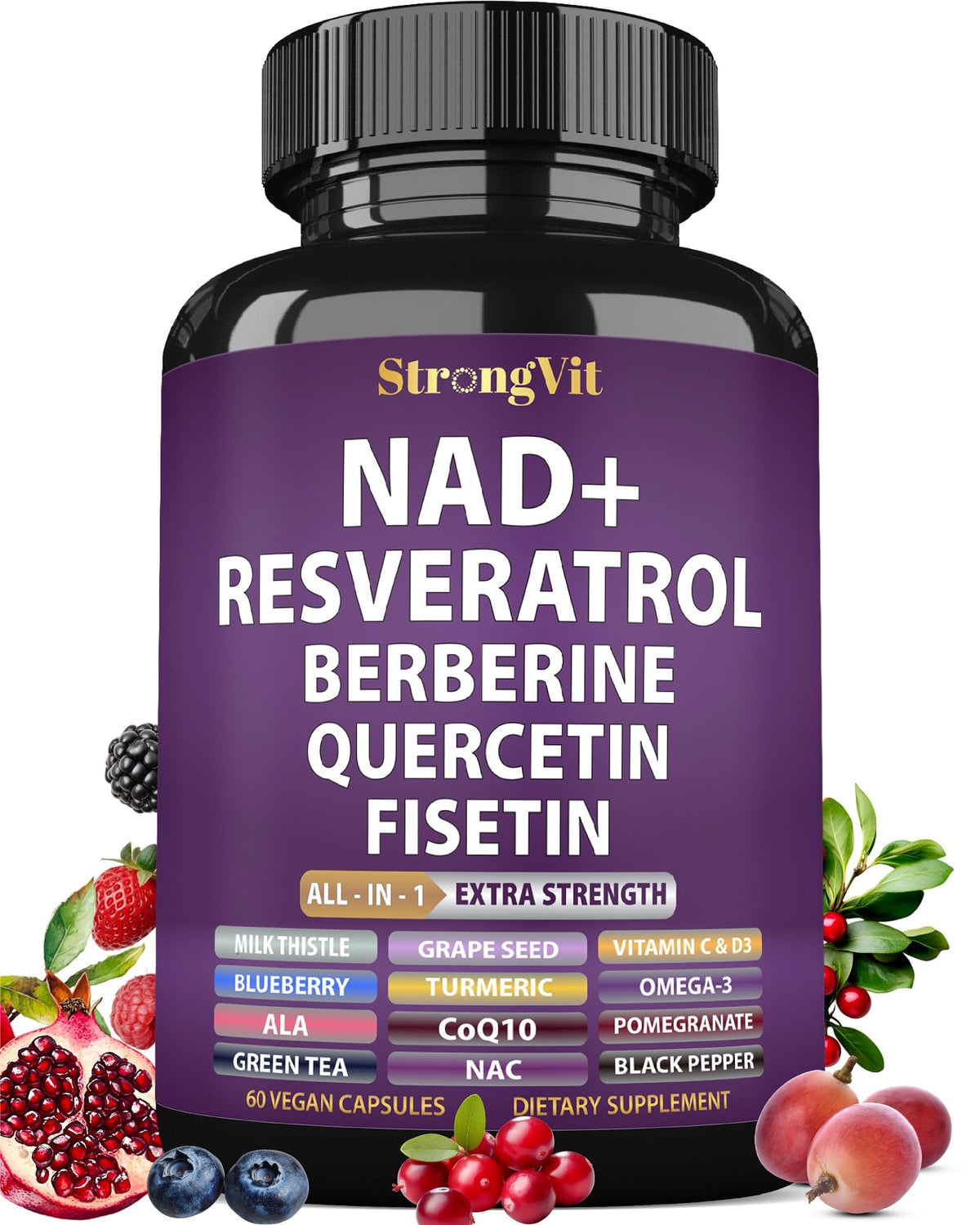 NAD Resveratrol supplement bottle with Berberine, Quercetin and CoQ10 ingredients