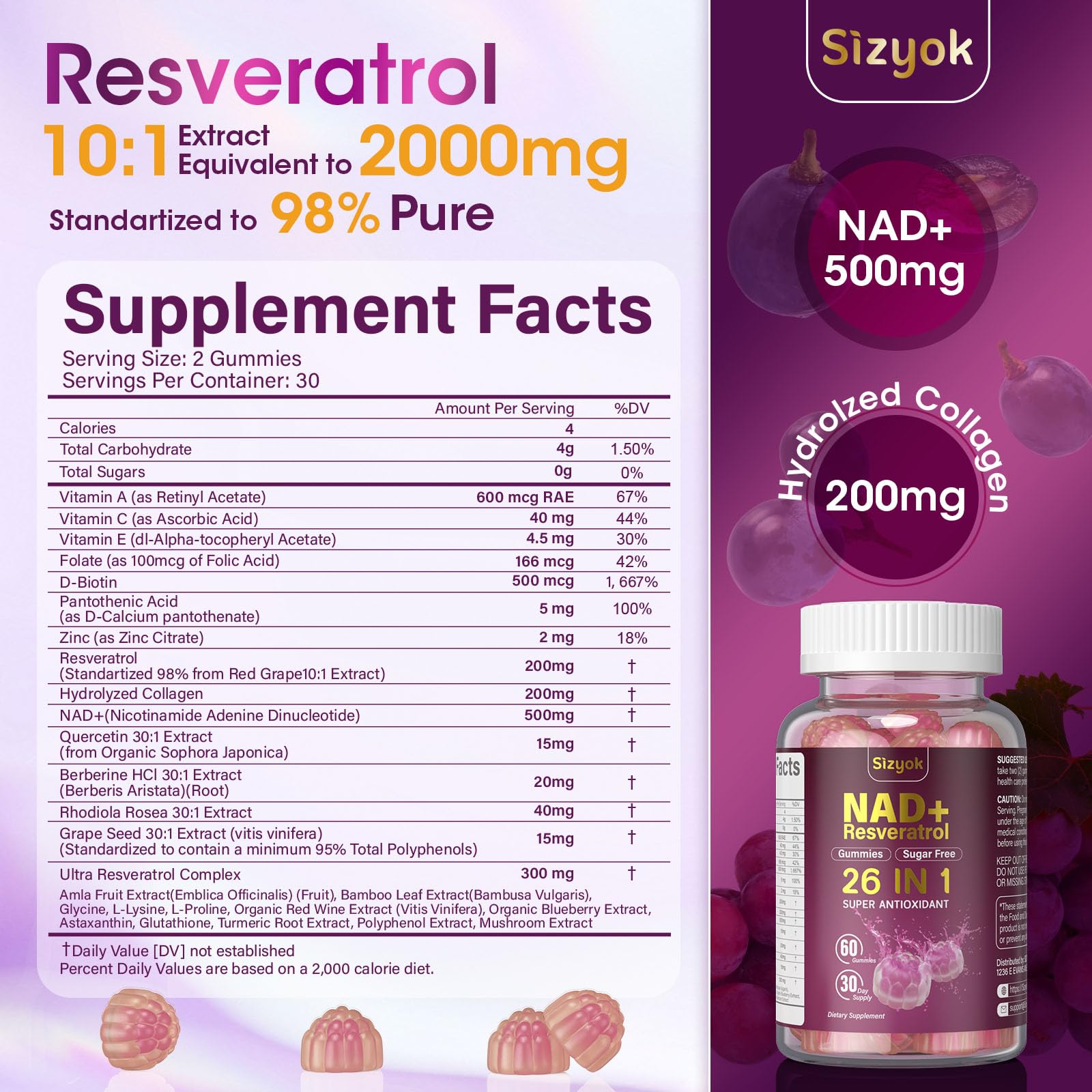 Hydrolyzed collagen, grape seed and D-biotin ingredients illustration