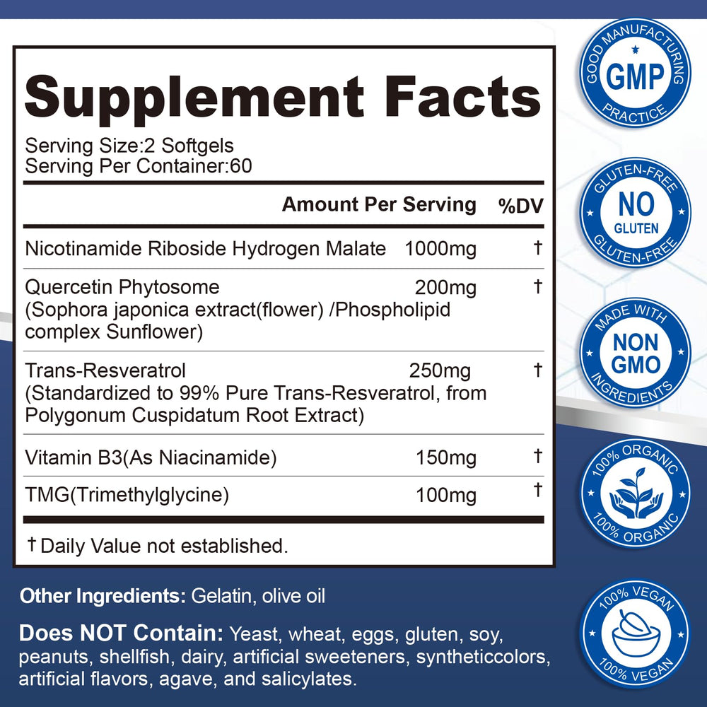 Front view of NAD Supplement Softgels bottle on table