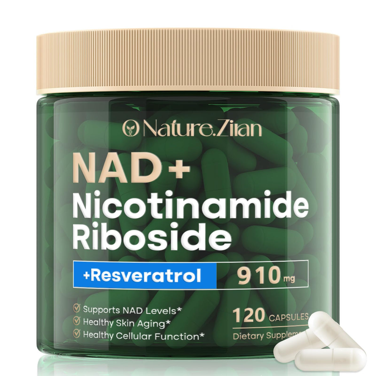NAD supplement bottle showing 120 capsules
