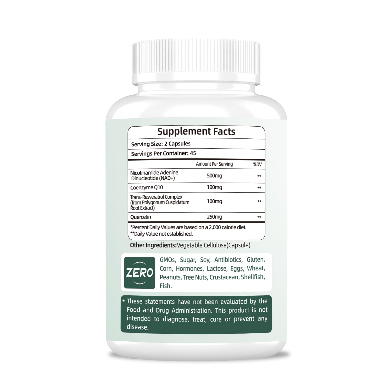 Back label with directions for NAD Supplement 500mg