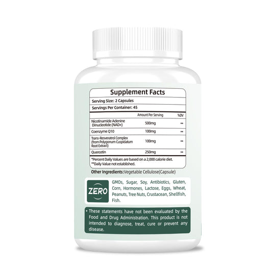 Back label with directions for NAD Supplement 500mg