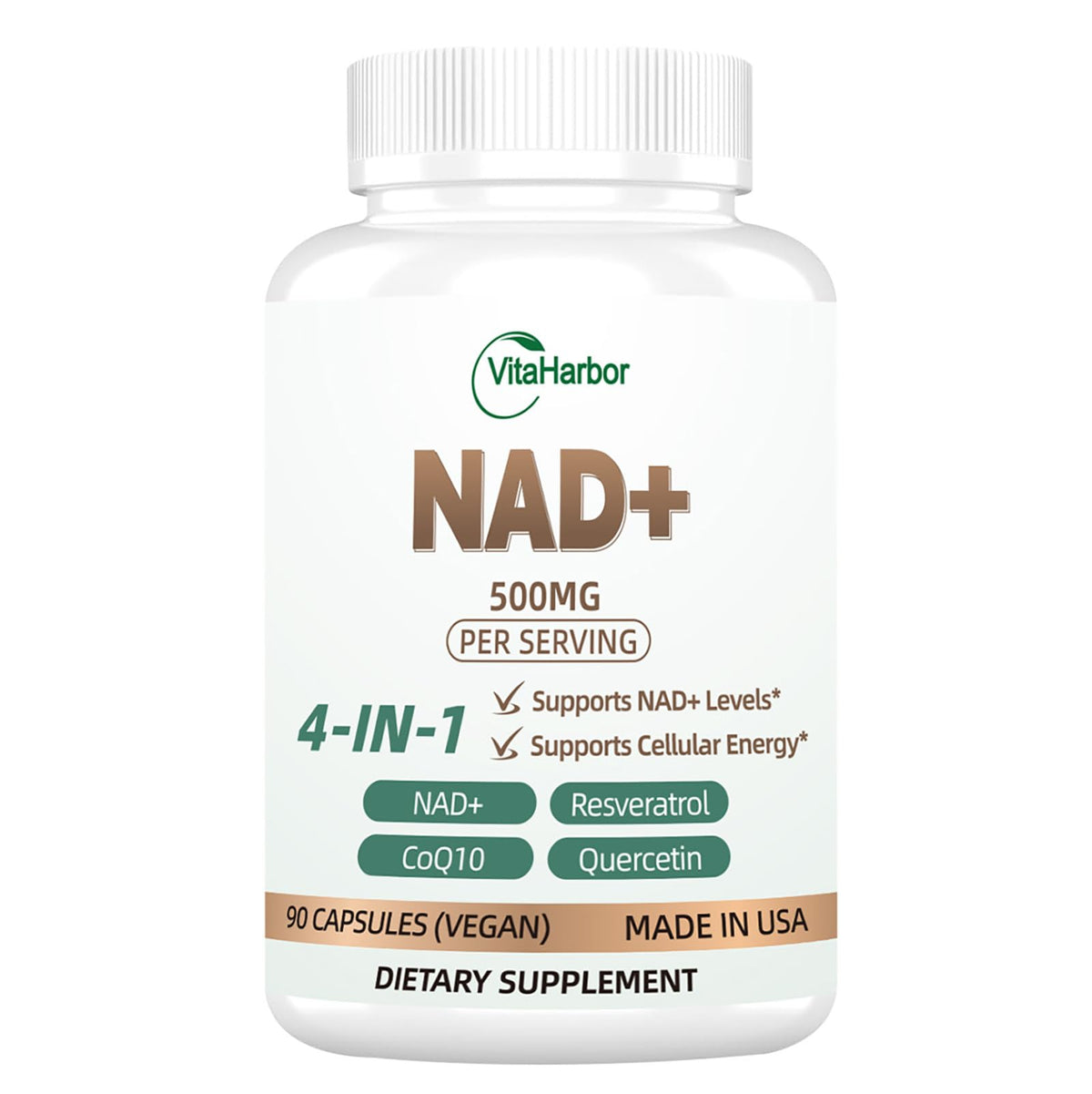 Front view of NAD Supplement 500mg bottle
