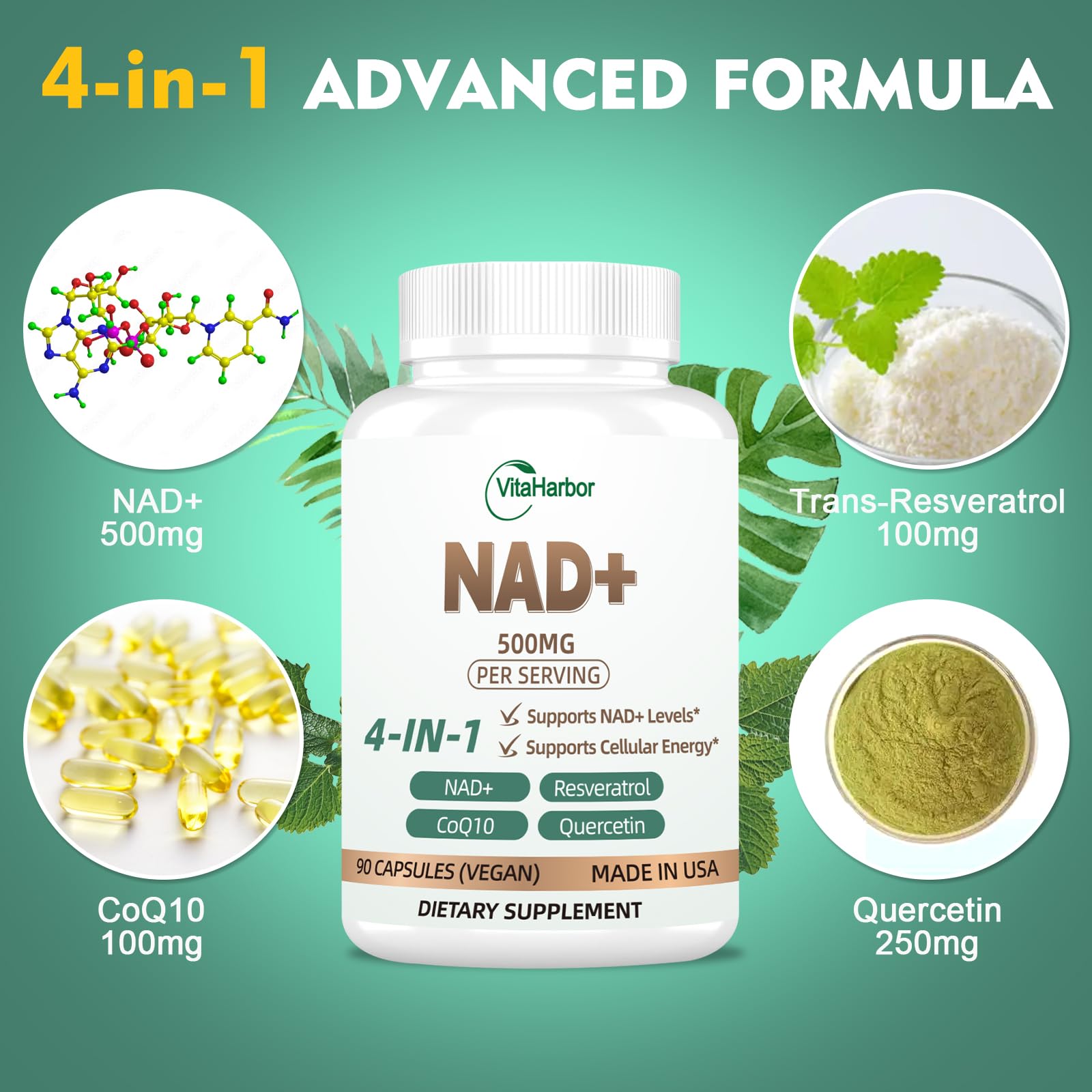 NAD+ 500mg ingredients including Trans-Resveratrol, CoQ10 and Quercetin