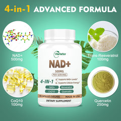 NAD+ 500mg ingredients including Trans-Resveratrol, CoQ10 and Quercetin