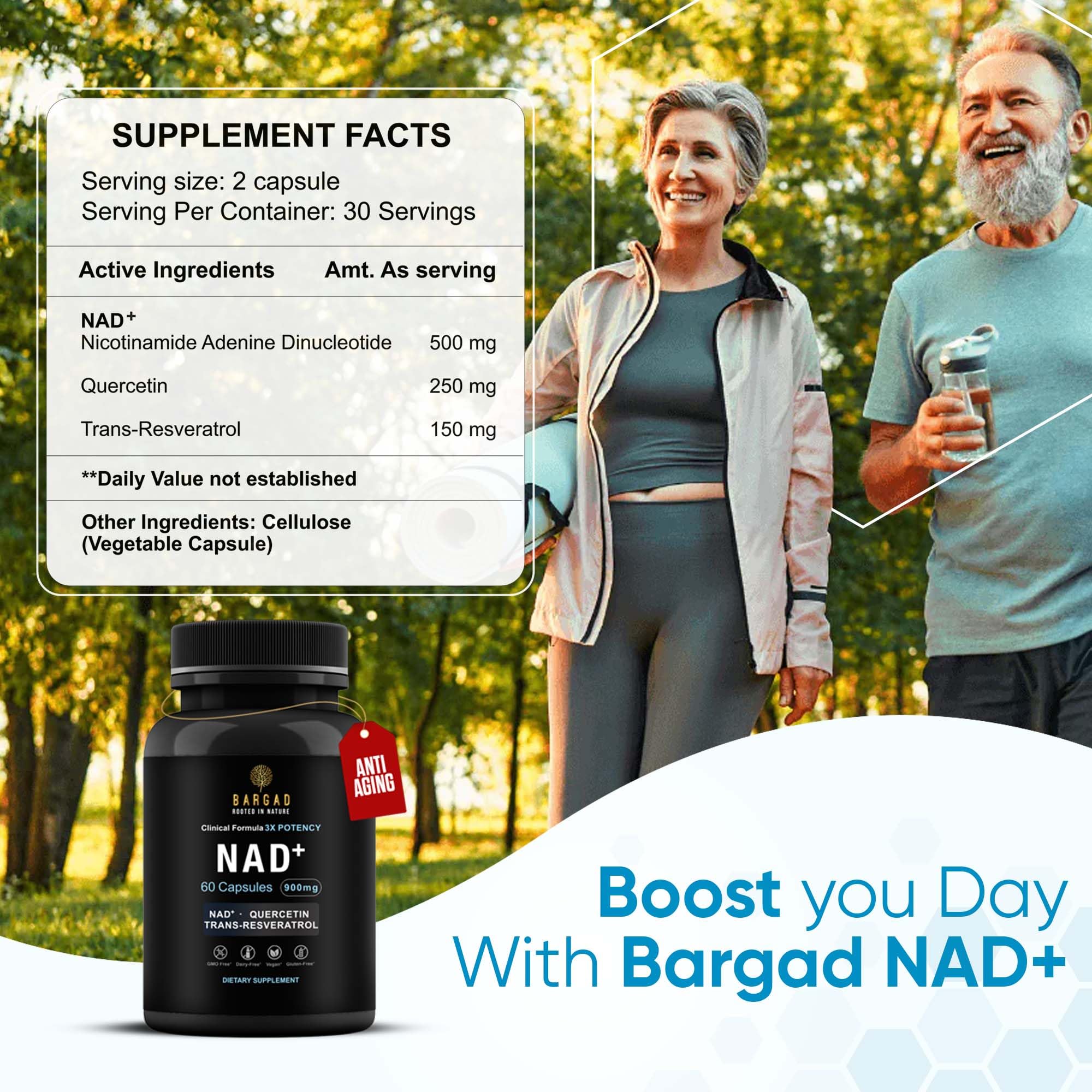 60 count bottle of NAD+ supplement with Resveratrol and Quercetin
