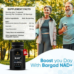 60 count bottle of NAD+ supplement with Resveratrol and Quercetin