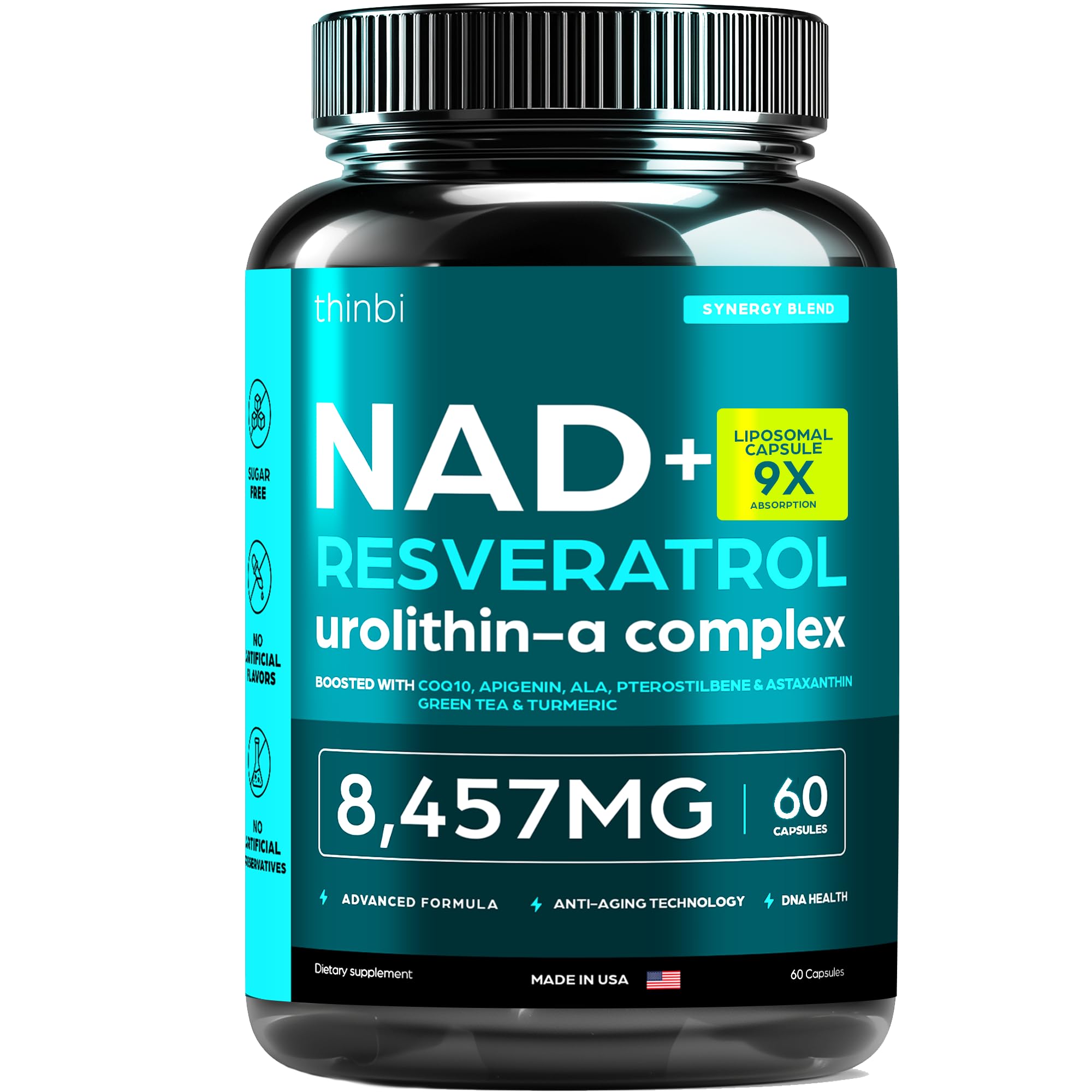 Bottle of NAD supplement with 8457mg NMN liposomal formula and green tea.