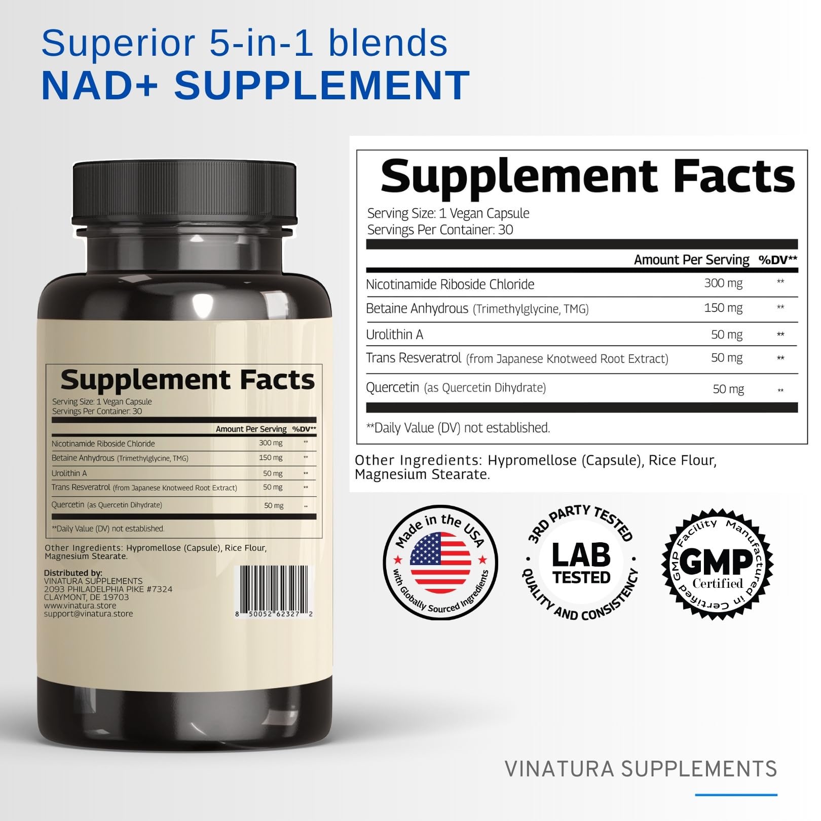 Close-up of NAD+ supplement bottle label