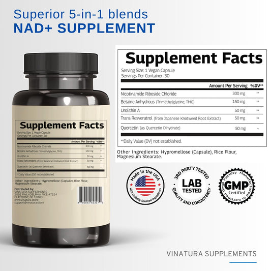 Close-up of NAD+ supplement bottle label