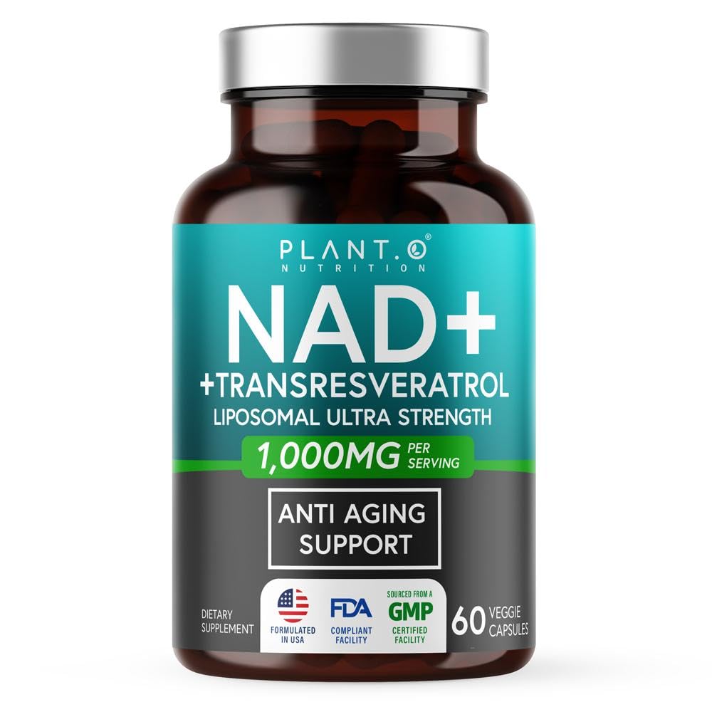Front view of NAD supplement bottle showing 60 pills and high-purity NAD+ with Resveratrol