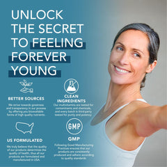 Artwork depicting anti-aging and skin health benefits from NAD+ and Resveratrol